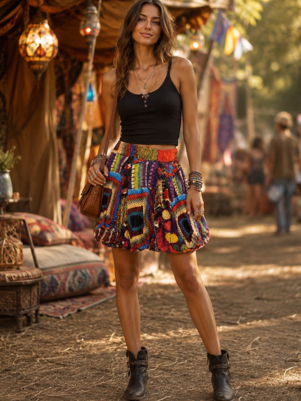 Desigual Bohemian Multicolor Patchwork Mini Skirt Bubble Hem Boho Festival
